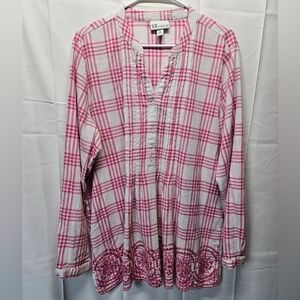 The Tog Shop Pink Plaid Embroidered-Hem Long Sleeve Tunic Top Sz XL